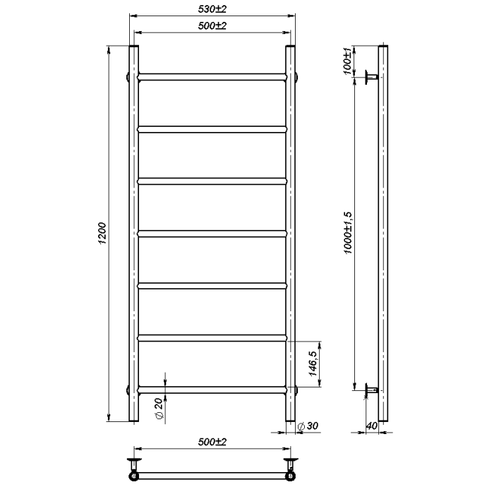 Рушникосушарка водяна Round (1200*500,7,Сіра,Ліве підключення)