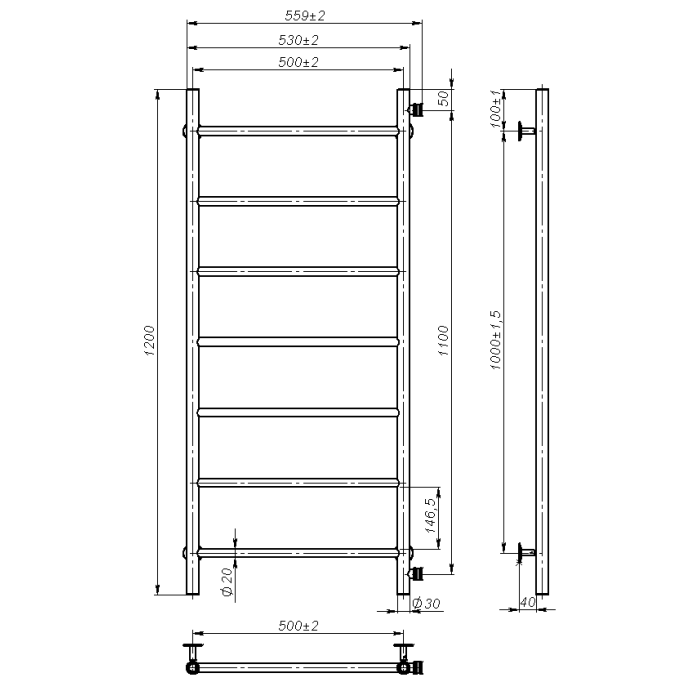 Рушникосушарка водяна Round (1200*500,7,Сіра,Ліве підключення)