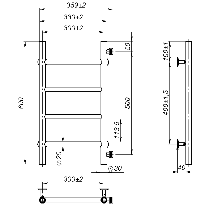 Рушникосушарка водяна Round (600*300,4,Чорна,Праве підключення)