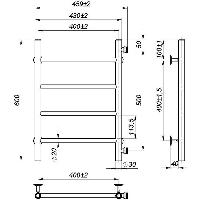 Рушникосушарка водяна Round (600*400,4,Чорна,Ліве підключення)