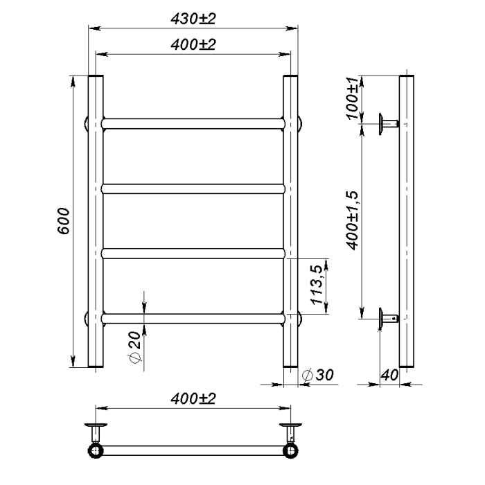 Рушникосушарка водяна Round (600*400,4,Сіра,Ліве підключення)
