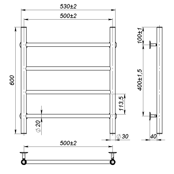 Рушникосушарка водяна Round (600*500,4,Сіра,Ліве підключення)