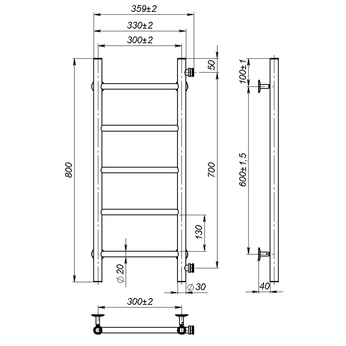 Рушникосушарка водяна Round (800*300,5,Чорна,Праве підключення)