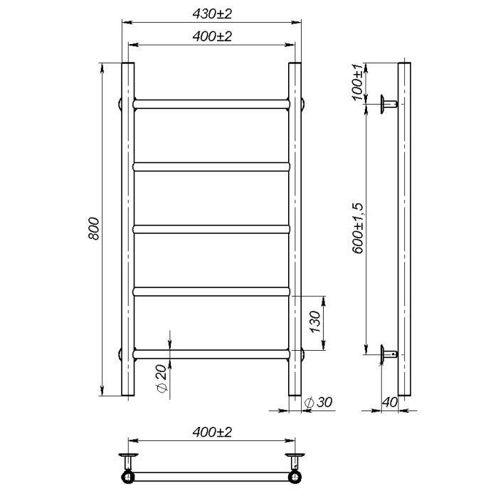 Рушникосушарка водяна Round (800*400,5,Сіра,Ліве підключення)