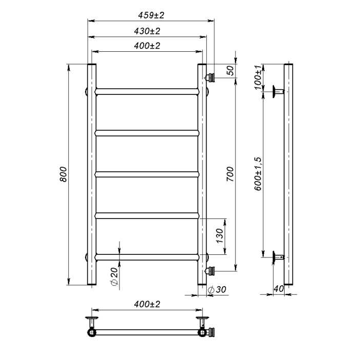 Рушникосушарка водяна Round (800*400,5,Сіра,Ліве підключення)