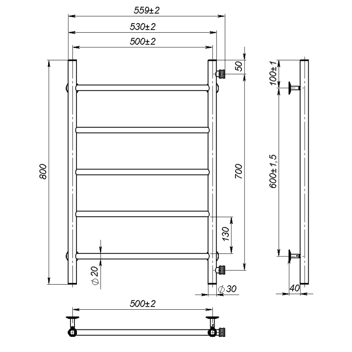 Рушникосушарка водяна Round (800*500,5,Сіра,Ліве підключення)