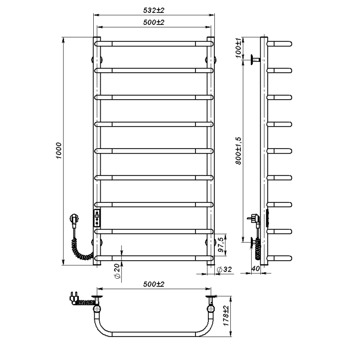 Рушникосушарка електрична Sunny (1000*500,9,Сіра,Ліве підключення,JD03)