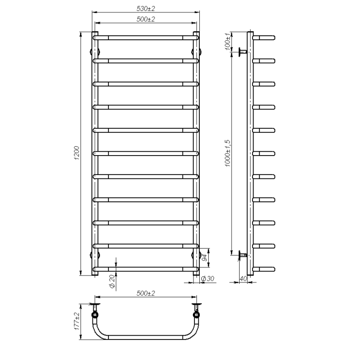Рушникосушарка водяна Sunny (1200*500,11,Сіра,Нижнє підключення)