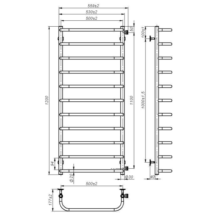 Рушникосушарка водяна Sunny (1200*500,11,Сіра,Нижнє підключення)