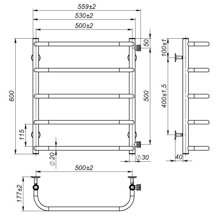 Рушникосушарка водяна Sunny (600*500,5,Сіра,Праве підключення)