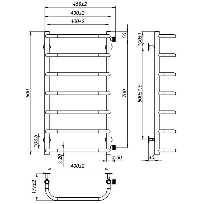 Рушникосушарка водяна Sunny (800*400,7,Чорна,Ліве підключення)