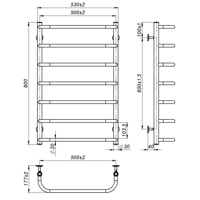 Рушникосушарка водяна Sunny (800*500,7,Сіра,Ліве підключення)