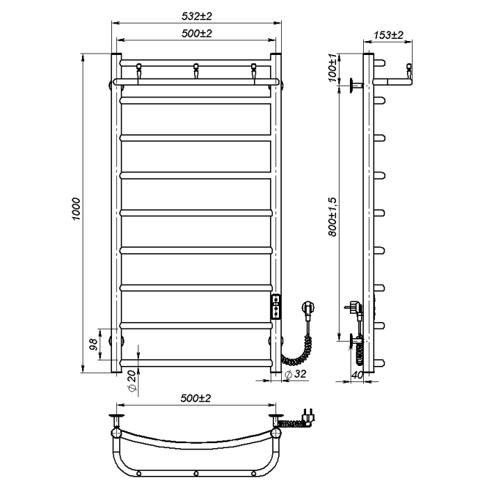 Рушникосушарка електрична Sora New (1 000*500,9,Чорна,Праве підключення,JD03)