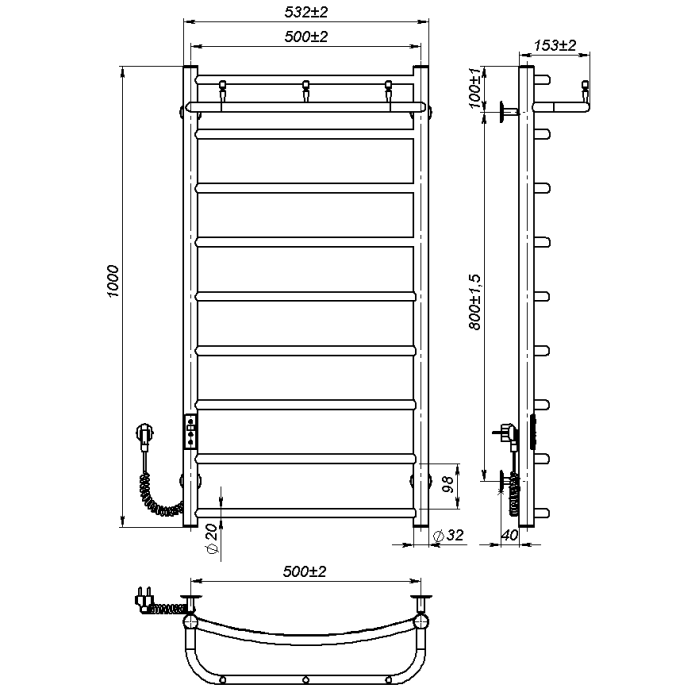 Рушникосушарка електрична Sora New (1 000*500,9,Сіра,Ліве підключення,JD03)