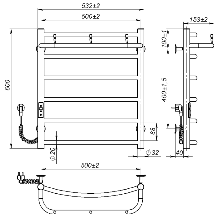 Рушникосушарка електрична Sora New (600*500,6,Сіра,Ліве підключення,JD03)