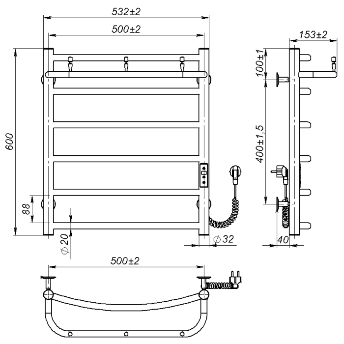 Рушникосушарка електрична Sora New (600*500,6,Полірована,Праве підключення,JD03)