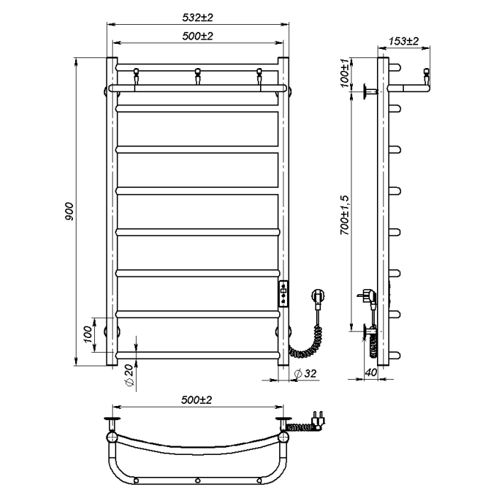 Рушникосушарка електрична Sora New (900*500,8,Сіра,Праве підключення,JD03)