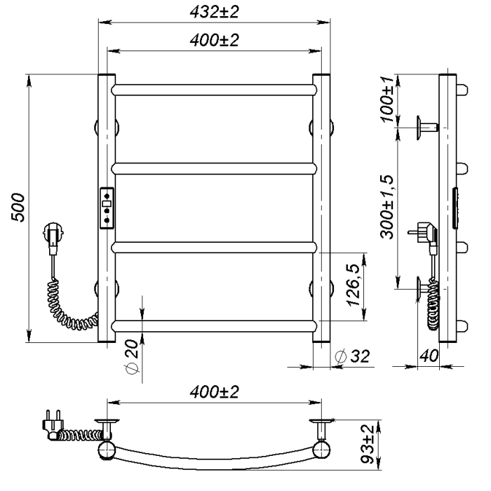 Рушникосушарка електрична Sora (500*400,4,Чорна,Ліве підключення,JD03)