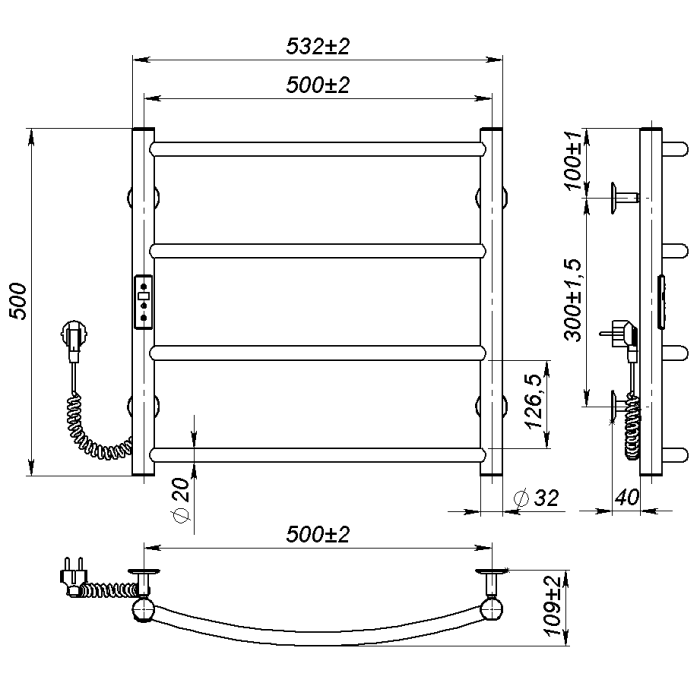 Рушникосушарка електрична Sora (500*500,4,Сіра,Ліве підключення,JD03)