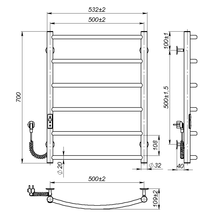 Рушникосушарка електрична Sora (700*500,6,Сіра,Ліве підключення,JD03)