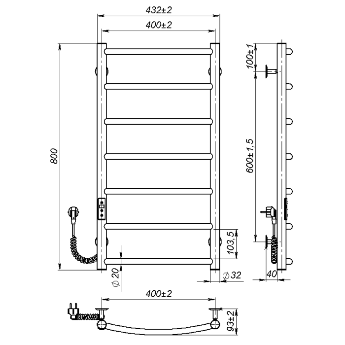 Рушникосушарка електрична Sora (800*400,7,Сіра,Ліве підключення,JD03)