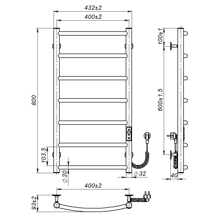 Рушникосушарка електрична Sora (800*400,7,Сіра,Праве підключення,JD03)