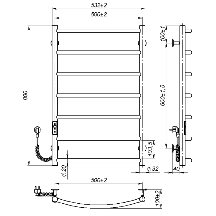 Рушникосушарка електрична Sora (800*500,7,Сіра,Ліве підключення,JD03)