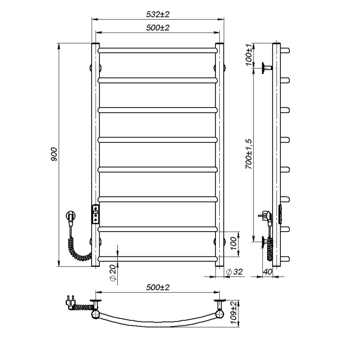 Рушникосушарка електрична Sora (900*500,8,Сіра,Ліве підключення,JD03)