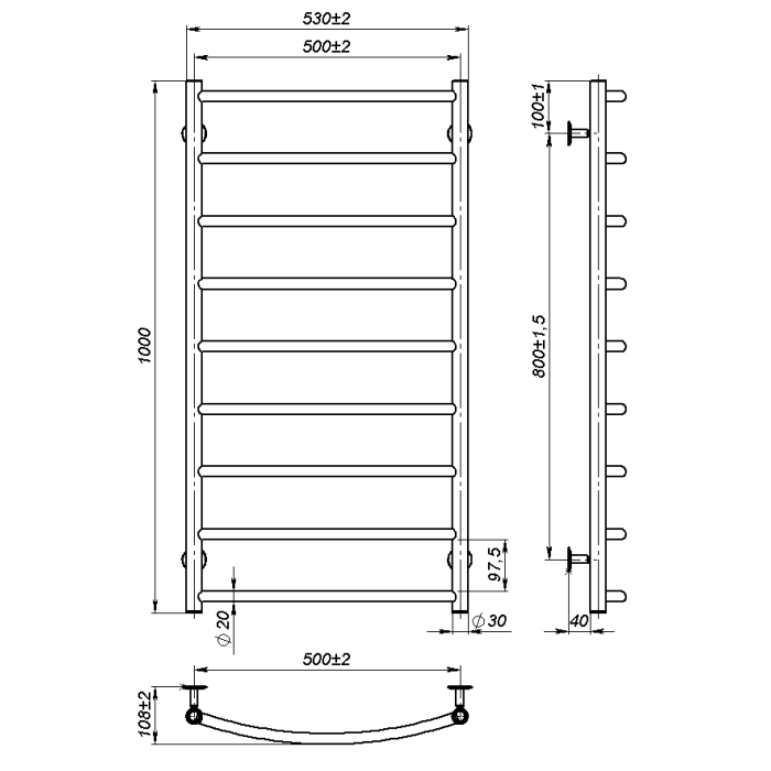 Рушникосушарка водяна Sora (1000*500,9,Сіра,Ліве підключення)