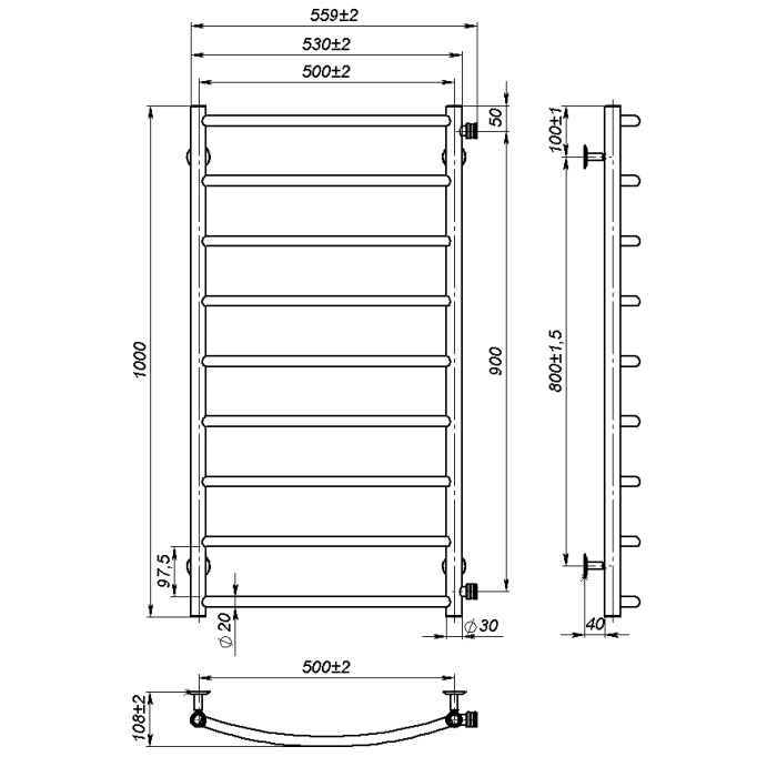 Рушникосушарка водяна Sora (1000*500,9,Сіра,Ліве підключення)