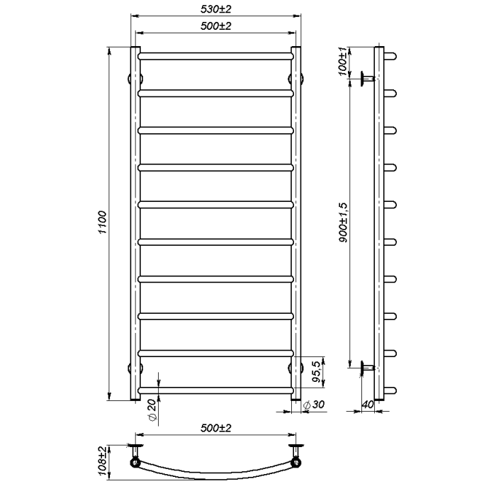 Рушникосушарка водяна Sora (1100*500,10,Сіра,Ліве підключення)