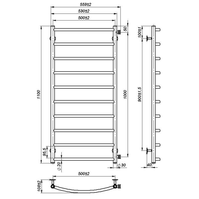 Рушникосушарка водяна Sora (1100*500,10,Сіра,Ліве підключення)