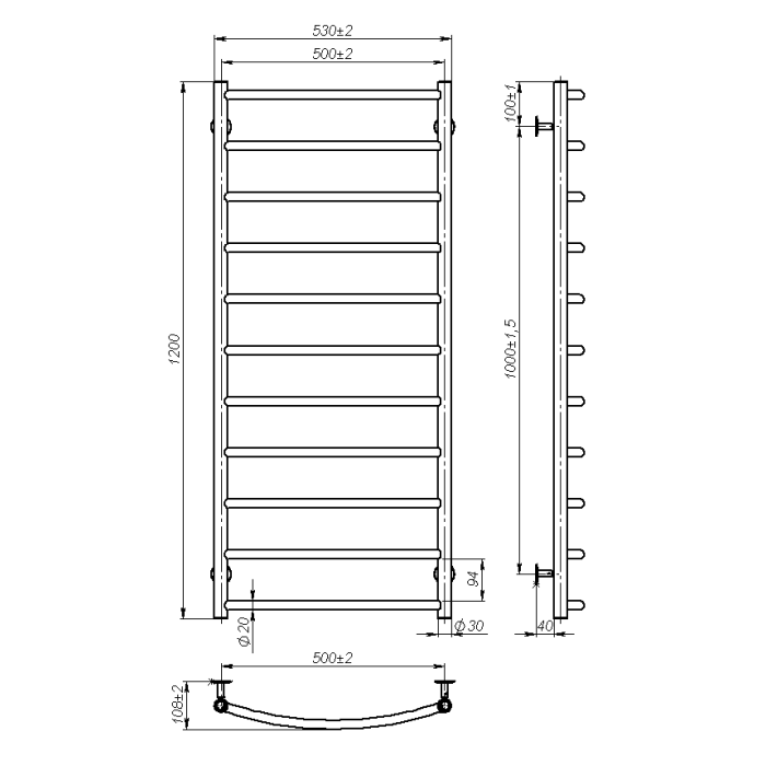 Рушникосушарка водяна Sora (1200*500,11,Сіра,Праве підключення)