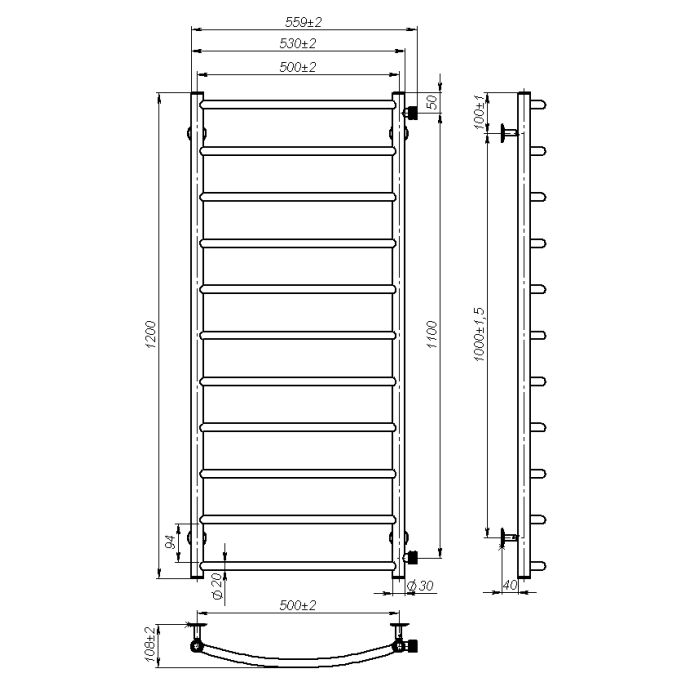 Рушникосушарка водяна Sora (1200*500,11,Сіра,Праве підключення)