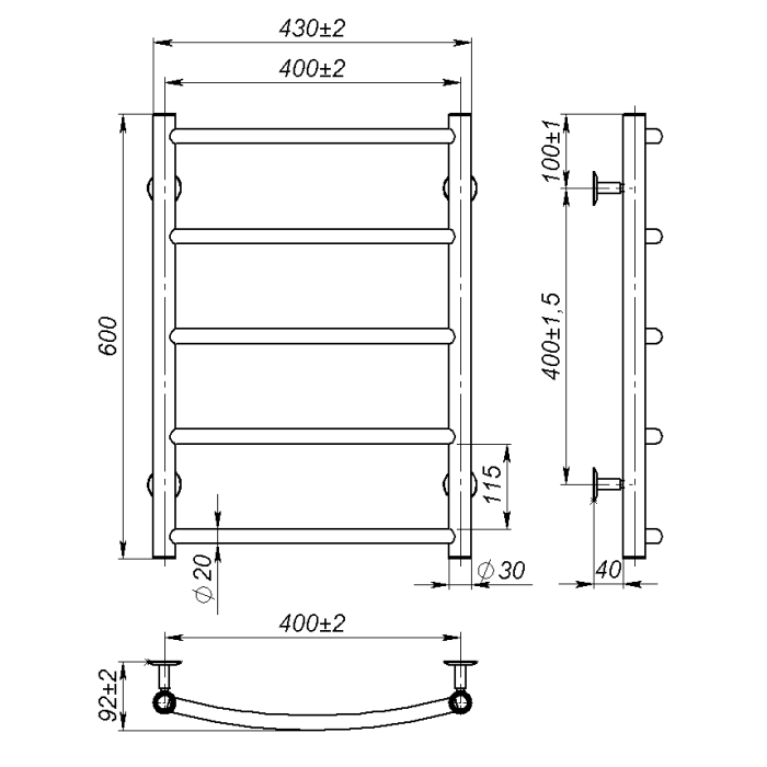 Рушникосушарка водяна Sora (600*400,5,Сіра,Ліве підключення)