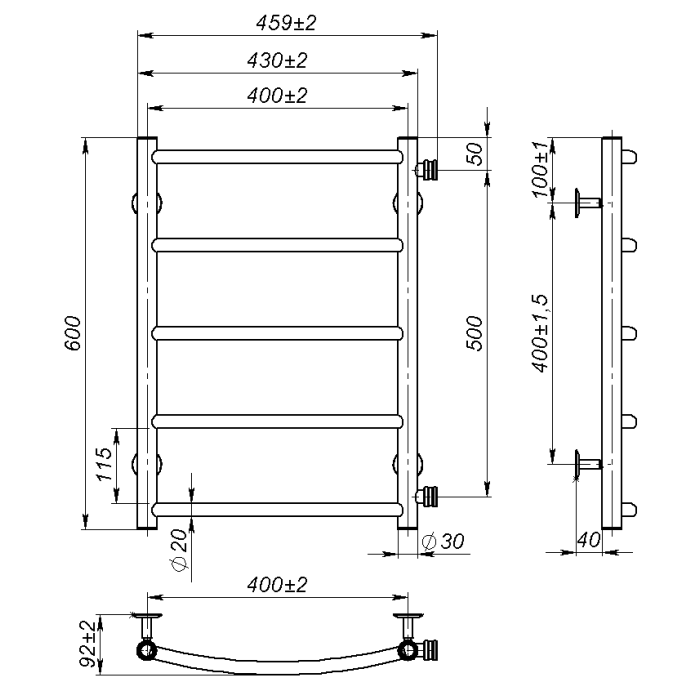 Рушникосушарка водяна Sora (600*400,5,Сіра,Ліве підключення)