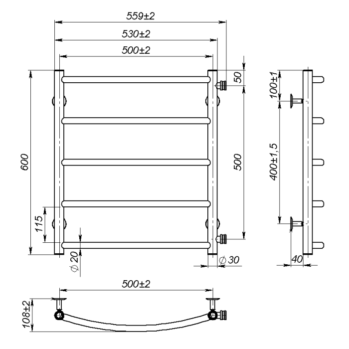 Рушникосушарка водяна Sora (600*500,5,Сіра,Ліве підключення)