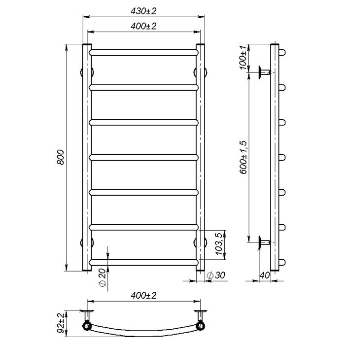 Рушникосушарка водяна Sora (800*400,7,Чорна,Праве підключення)