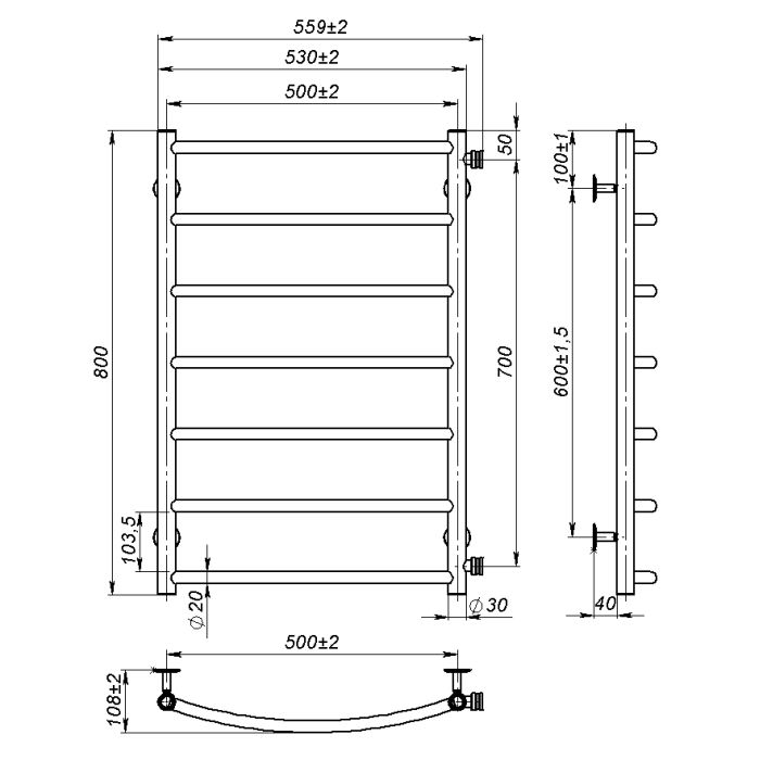 Рушникосушарка водяна Sora (800*500,7,Сіра,Ліве підключення)