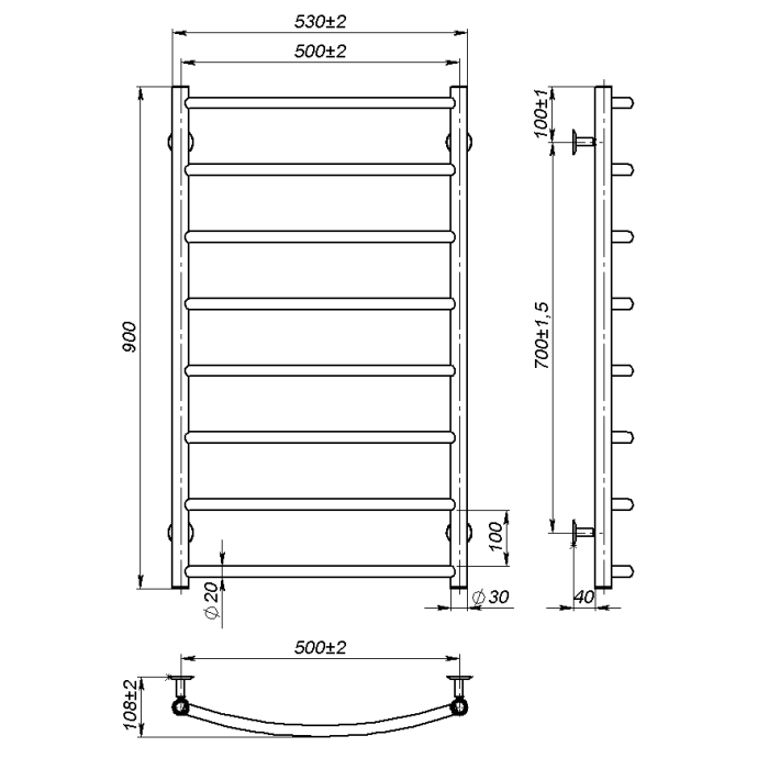 Рушникосушарка водяна Sora (900*500,8,Сіра,Ліве підключення)