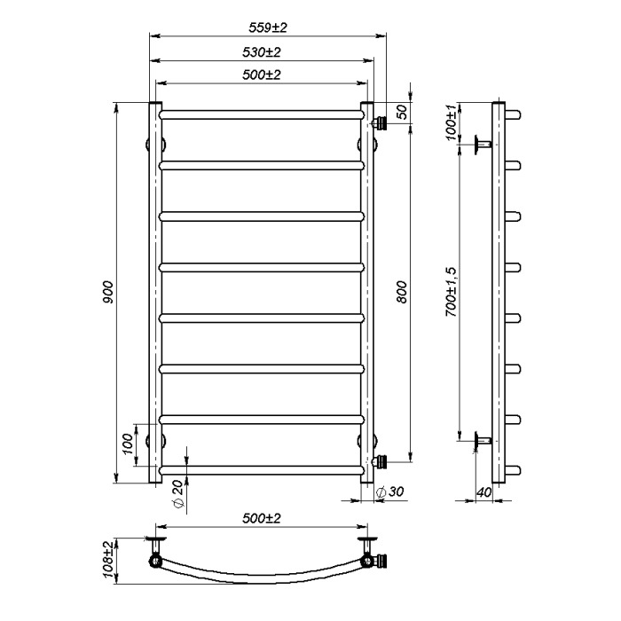 Рушникосушарка водяна Sora (900*500,8,Сіра,Ліве підключення)