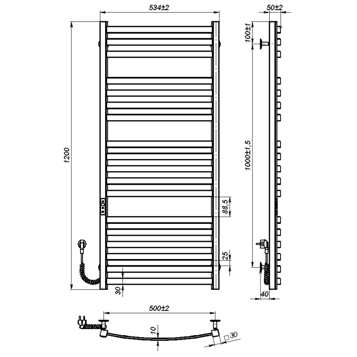 Рушникосушарка електрична Vega (1200*500,18,Сіра,Ліве підключення,JD04)